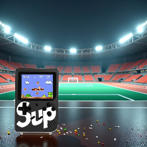 Uma mesa de madeira rústica com uma superfície desgastada, com alguns controles de videogame antigos